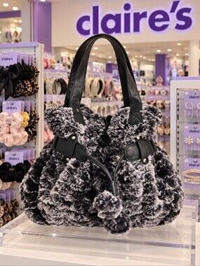 Claire's Gray Faux Fur Shoulder Bag with Black Trim